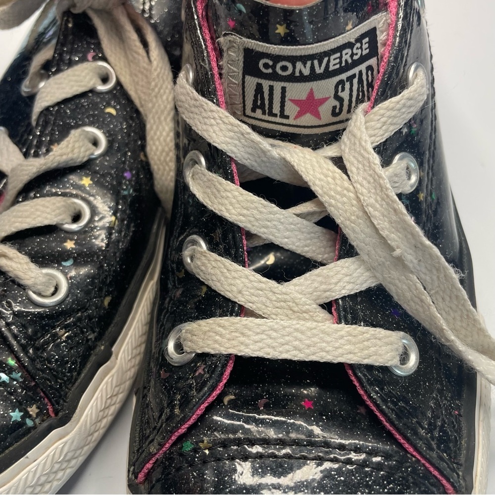 Converse All Star Low Tops Size Kids 2 Shiny Black Stars Moons PRELOVED - Picture 5 of 10